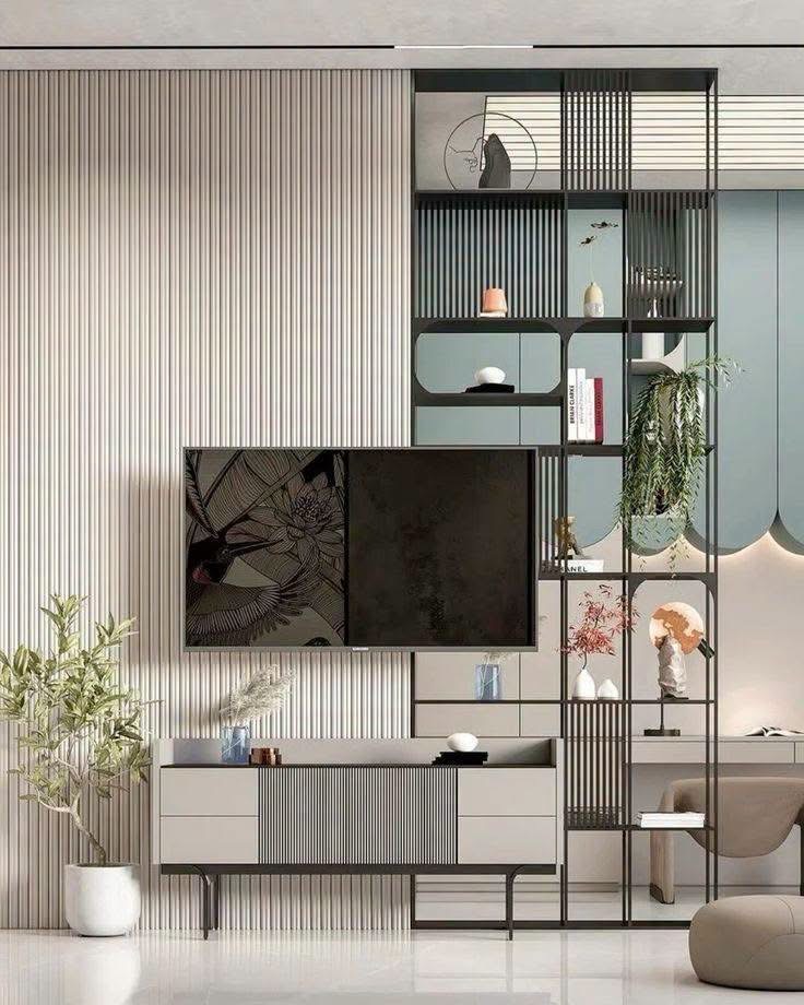 Phòng khách hiện đại với lam đứng và hệ kệ trang trí