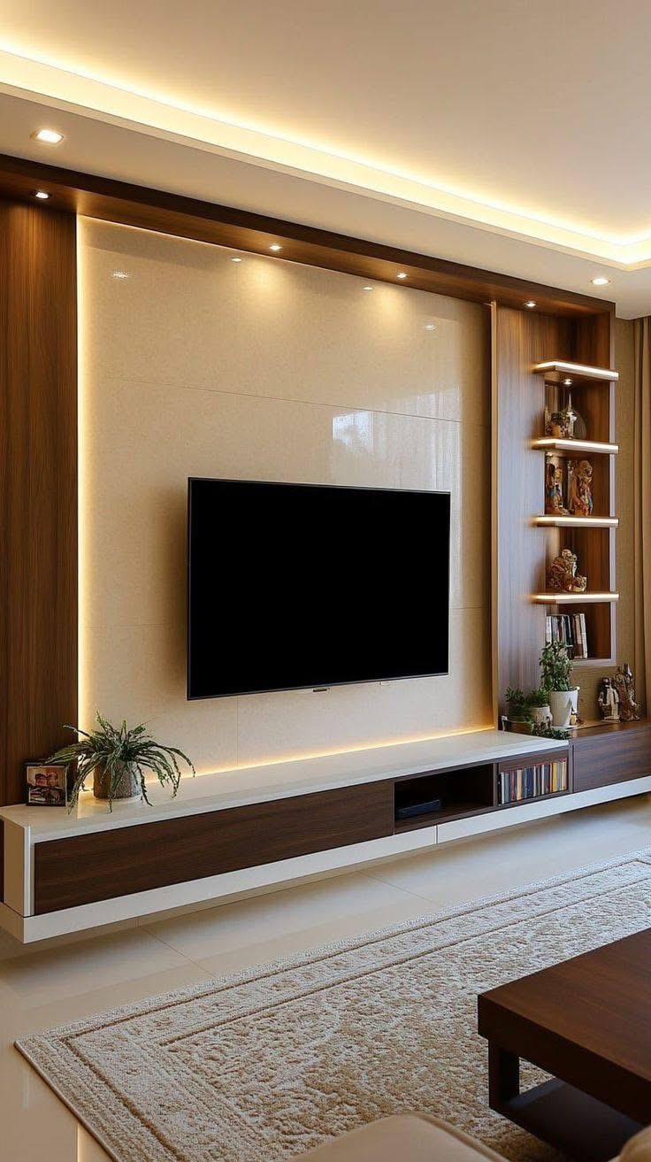 Vách tivi gỗ kết hợp đá và ánh sáng hắt ấm